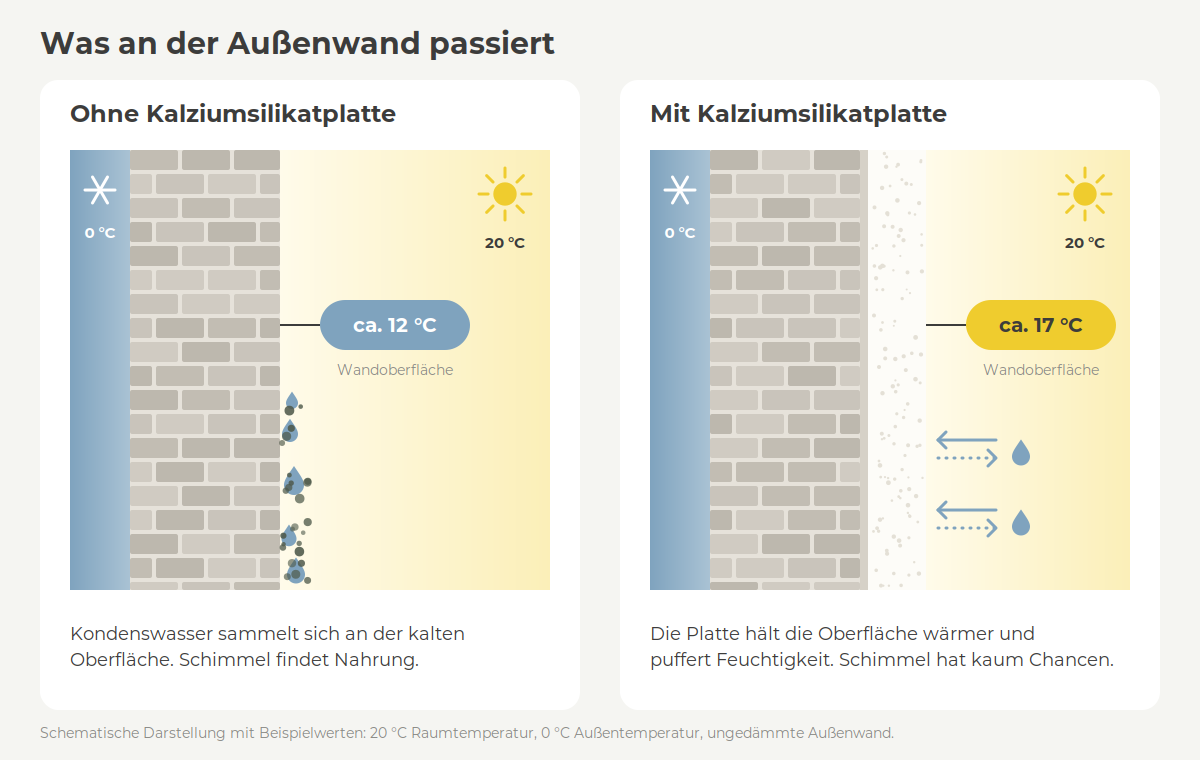 Vergleich: Außenwand ohne und mit Kalziumsilikatplatte, Oberflächentemperatur und Feuchtigkeit